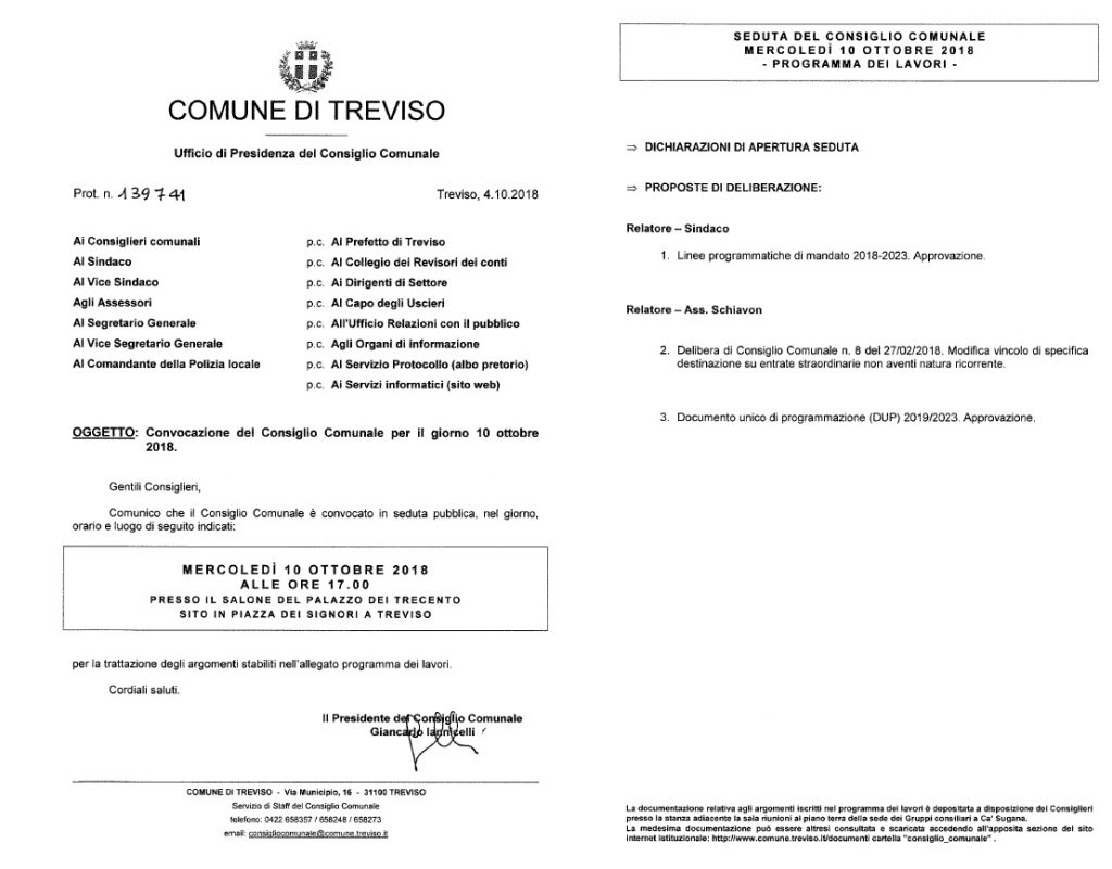 Treviso - convocazione Consiglio Comunale del 10/10/2018